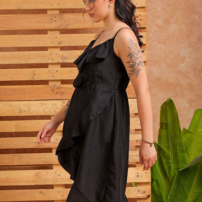 Women's Black Fit and Flare Solid Partywear Asymmetric Dress