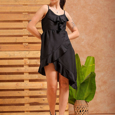Women's Black Fit and Flare Solid Partywear Asymmetric Dress