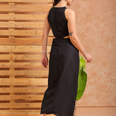 Women's Black Fit and Flare Solid Partywear Cut Out Dress