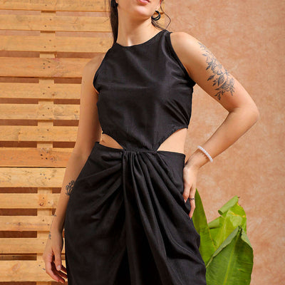 Women's Black Fit and Flare Solid Partywear Cut Out Dress