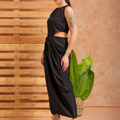 Women's Black Fit and Flare Solid Partywear Cut Out Dress