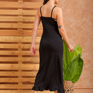 Women's Black Fitted Textured Partywear Ruffle Dress