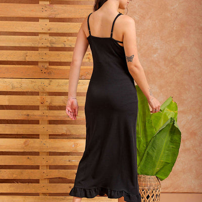 Women's Black Fitted Textured Partywear Ruffle Dress