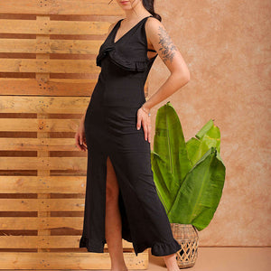 Women's Black Fitted Textured Partywear Ruffle Dress