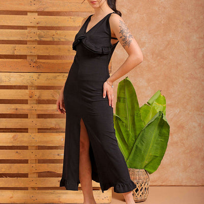 Women's Black Fitted Textured Partywear Ruffle Dress