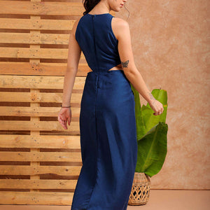 Women's Blue Fit and Flare Solid Partywear Cut Out Dress