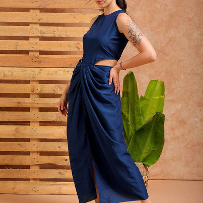 Women's Blue Fit and Flare Solid Partywear Cut Out Dress