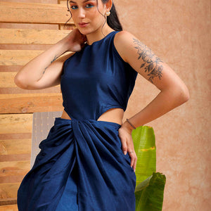 Women's Blue Fit and Flare Solid Partywear Cut Out Dress