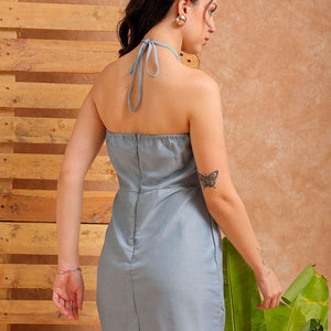 Women's Blue Fitted Solid Casual Wrap Dress