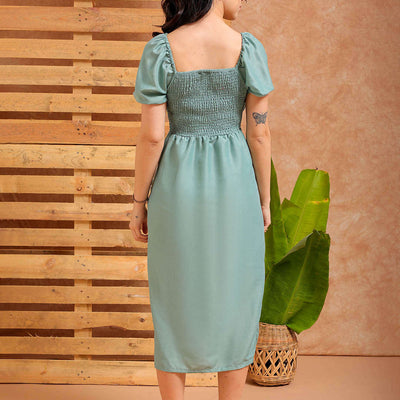 Women's Green A line Solid Casual Pleated Dress