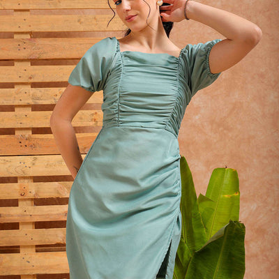 Women's Green A line Solid Casual Pleated Dress