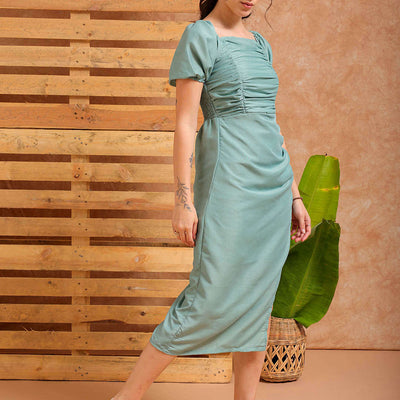 Women's Green A line Solid Casual Pleated Dress