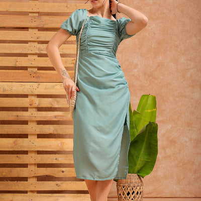 Women's Green A line Solid Casual Pleated Dress