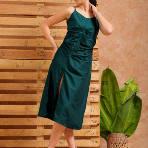 Women's Green A Line Solid Casual Slip Dress