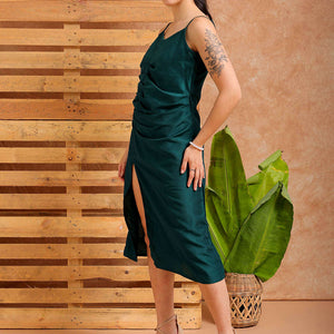 Women's Green A Line Solid Casual Slip Dress