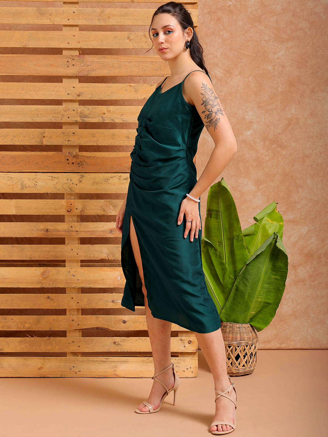 Women's Green A Line Solid Casual Slip Dress