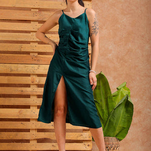 Women's Green A Line Solid Casual Slip Dress