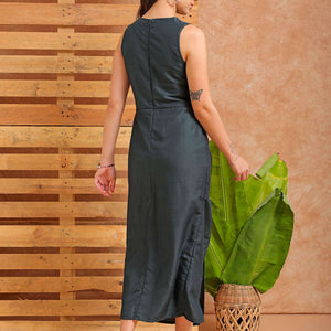 Women's Green A line Solid Partywear Draped Dress