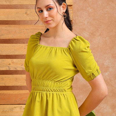 Women's Green Fit and Flare Textured Peplum Top