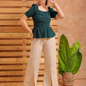 Women's Green Fit and Flare Textured Peplum Top