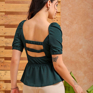 Women's Green Fit and Flare Textured Peplum Top