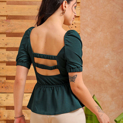Women's Green Fit and Flare Textured Peplum Top