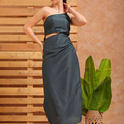 Women's Green Fitted Solid Partywear One Shoulder Dress