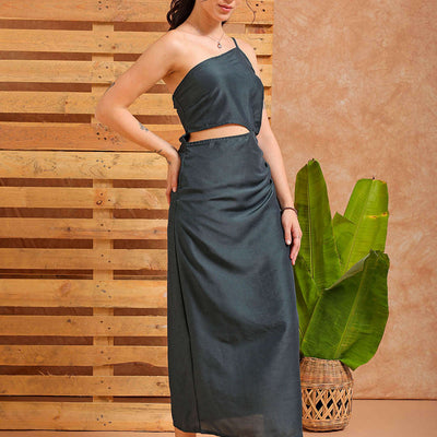 Women's Green Fitted Solid Partywear One Shoulder Dress