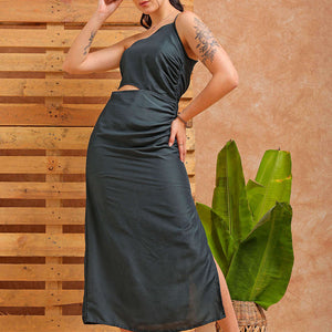 Women's Green Fitted Solid Partywear One Shoulder Dress