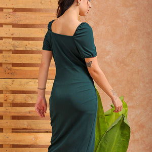 Women's Green Fitted Textured Casual Wrap Dress