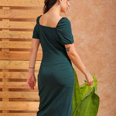 Women's Green Fitted Textured Casual Wrap Dress