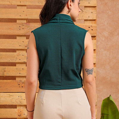 Women's Green Fitted Textured Draped Top