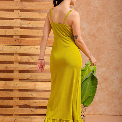 Women's Green Fitted Textured Partywear Ruffle Dress