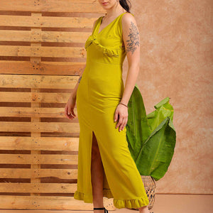 Women's Green Fitted Textured Partywear Ruffle Dress