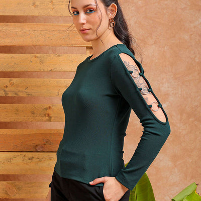 Women's Green Fitted Textured Regular Top