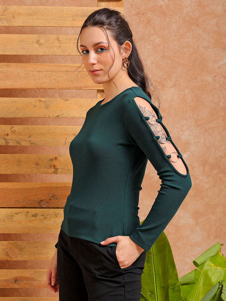 Women's Green Fitted Textured Regular Top