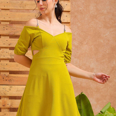 Women's Green Regular Fit Textured Partywear Skater Dress