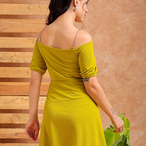 Women's Green Regular Fit Textured Partywear Skater Dress