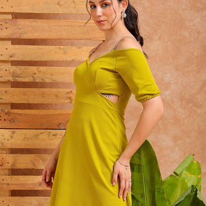 Women's Green Regular Fit Textured Partywear Skater Dress