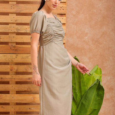 Women's Grey A line Solid Casual Pleated Dress