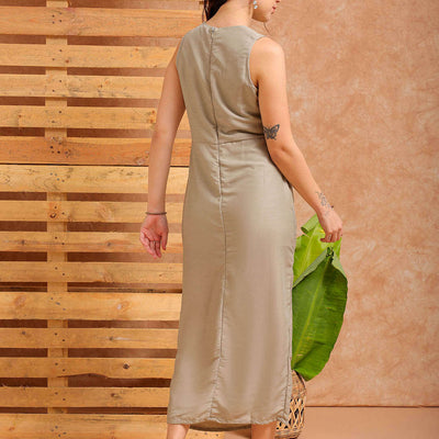 Women's Grey A line Solid Partywear Draped Dress