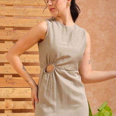 Women's Grey Fit and Flare Solid Partywear Asymmetric Dress