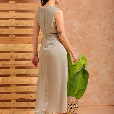 Women's Grey Fit and Flare Solid Partywear Asymmetric Dress