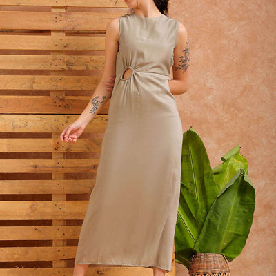Women's Grey Fit and Flare Solid Partywear Asymmetric Dress