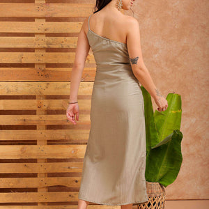 Women's Grey Fitted Solid Partywear One Shoulder Dress