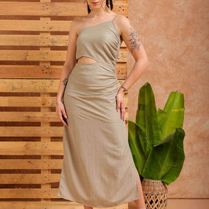 Women's Grey Fitted Solid Partywear One Shoulder Dress
