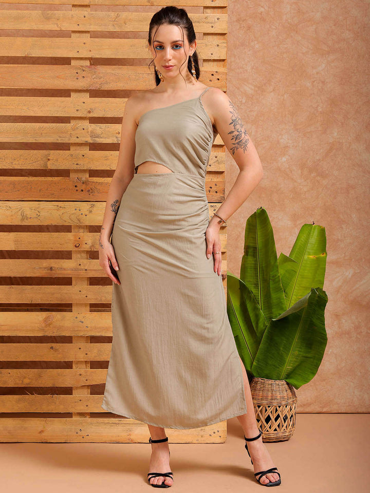 Women's Grey Fitted Solid Partywear One Shoulder Dress