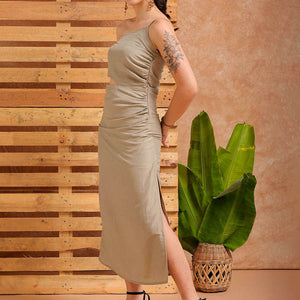 Women's Grey Fitted Solid Partywear One Shoulder Dress