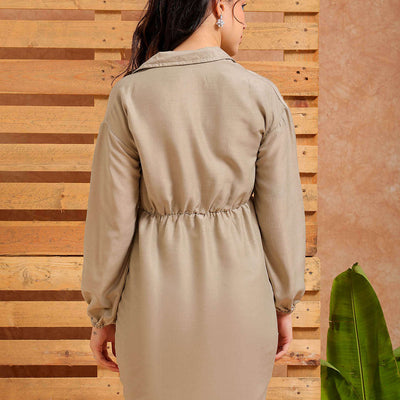 Women's Grey Regular Fit Solid Casual Ruched Dress