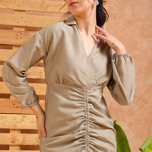 Women's Grey Regular Fit Solid Casual Ruched Dress